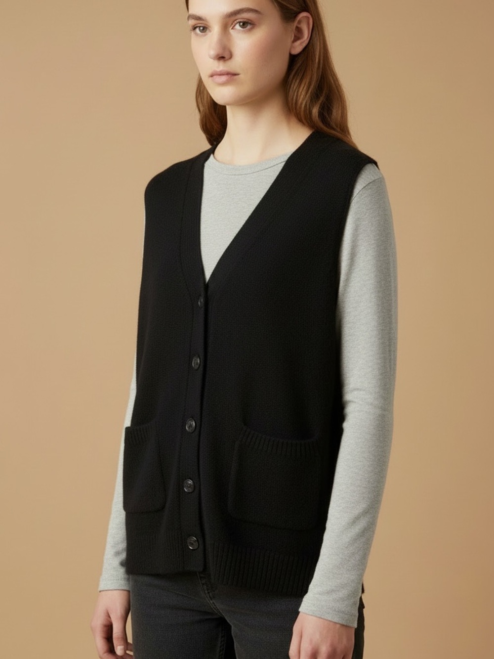 100% Cashmere Black V-Neck Button Front Sweater Vest - One Grey Day